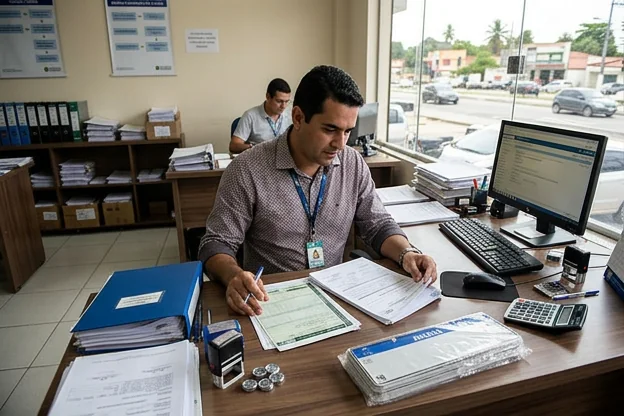 Profissional conferindo documentos para emplacamento de veículo.